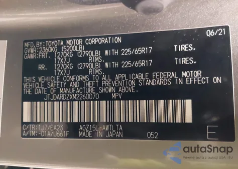 2021 Lexus Nx 300 z USA, uszkodzony, nr VIN JTJDARDZXM2260070